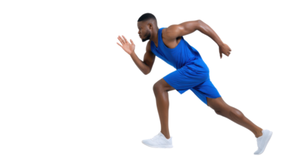 Determined african athlete runner man in blue sportswear sprinting with speed. Side view of fit muscular male during an intense workout, isolated on transparent background