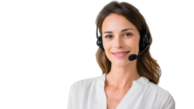Happy, smiling customer service representative, young woman wearing headset. This professional female call center operator provides helpful support to client online