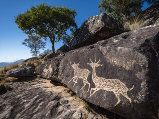african rock painting detail two running animals on large boulder under blue sky landscape