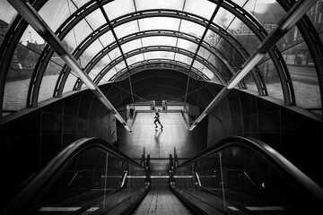Unknown man rushing to subway in Prague, Czechia. Entrance to Hradčanská subway station