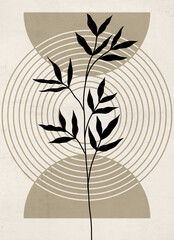 abstract botanical wall art in a boho, mid-century modern style. Minimalist leaf illustration with geometric arch shapes and neutral, earthy colors for home decor.