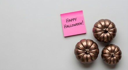 Elegant Halloween flat lay with a metallic pumpkin, bronze leaves, and spiderwebs on a dark background, featuring a glowing 'Spooky Season!' note, perfect for festive autumn designs