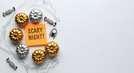 Elegant Halloween flat lay with a metallic pumpkin, bronze leaves, and spiderwebs on a dark background, featuring a glowing 'Spooky Season!' note, perfect for festive autumn designs