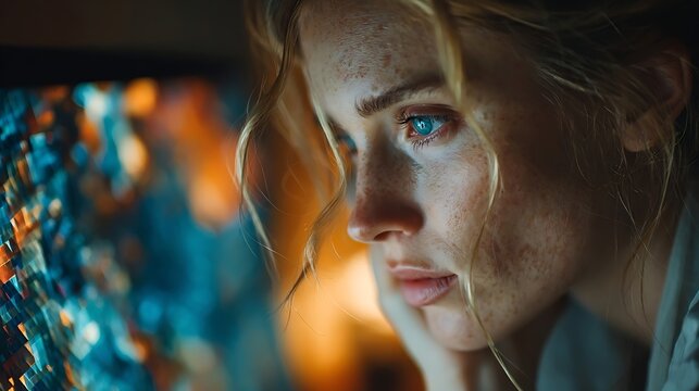 Emotional female scientist analyzing holographic neural interface showing human brain data