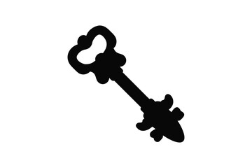 Elegant antique ornate key silhouette with intricate detailing and a decorative bow on a white background