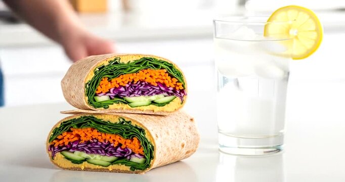 Freshly made vegetable wrap with vibrant ingredients and refreshing drink