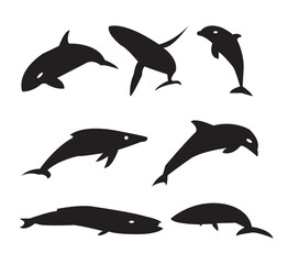 Silhouettes of different marine animals, including dolphins, sharks, and a whale, in dynamic poses.