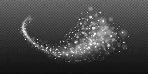 Christmas snow flake trail with sparkling light particles and stars creating a magical bokeh effect. Perfect for festive, fantasy or celebration designs. Stock vector illustration in realistic style.