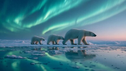 Cinematic polar bears walking across frozen Arctic snow under glowing northern lights, majestic wildlife documentary scene of survival, family, and serenity in the icy wilderness.

 - Powered by Adobe