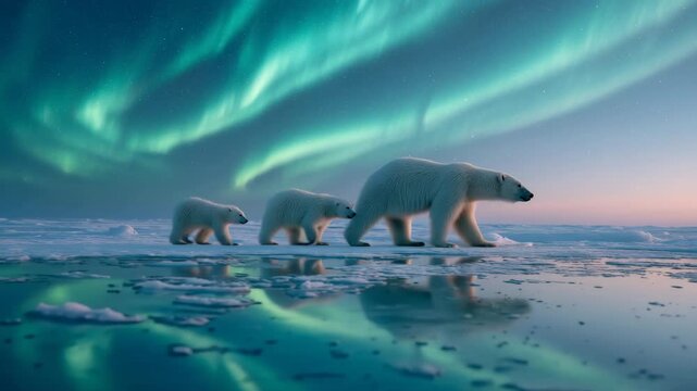 Cinematic polar bears walking across frozen Arctic snow under glowing northern lights, majestic wildlife documentary scene of survival, family, and serenity in the icy wilderness.

