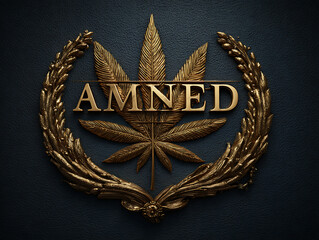luxury gold embossed cannabis leaf logo with a laurel wreath and amned text on a black leather background
