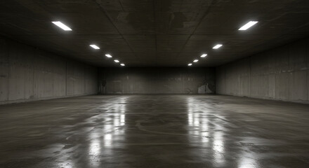 Dark and empty industrial warehouse interior with concrete walls and reflections from ceiling lights on a wet floor