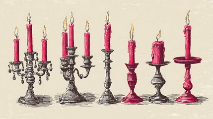 hand drawn vintage sketch illustration of flickering red candles in assorted antique metal and wooden candlesticks