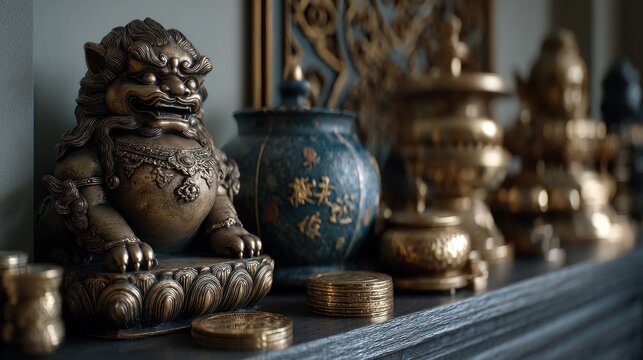 Detailed Composition Featuring a Bronze Foo Dog Sculpture and Asian Art Objects