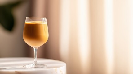 A beautifully lit glass of creamy coffee drink on a marble table with soft curtains in the background