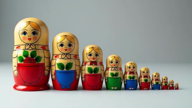 A set of traditional Russian matryoshka nesting dolls are lined up in decreasing size, representing family generations, hierarchy, personal growth and Russian folk culture