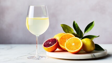Refreshing citrus drink in a glass beside vibrant oranges and lemons on a marble countertop