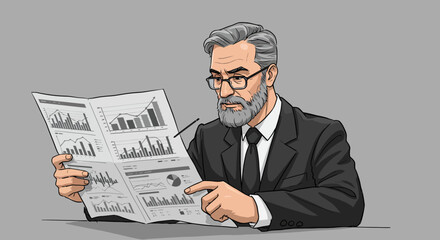 Focused senior businessman analyzing financial charts and data in a newspaper