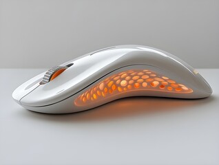  futuristic white gaming mouse with orange led lighting honeycomb design ergonomic computer peripheral modern technology