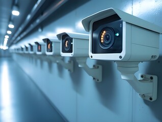 modern security surveillance cameras mounted on wall white led lights tunnel monitoring system technology infrastructure