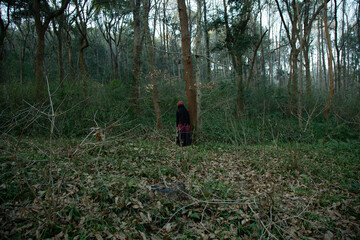 A woman in a red hat stands among trees in a tranquil forest setting.