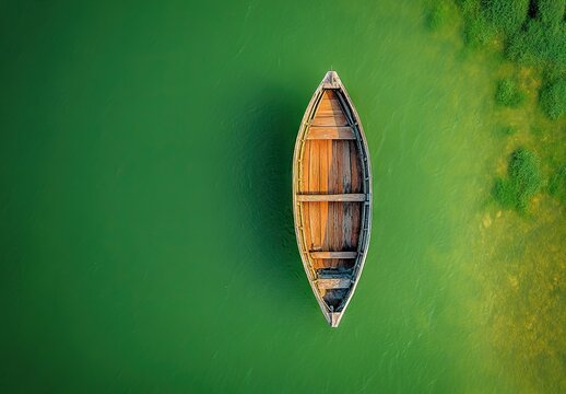 An aerial view of a small wooden boat floating on a calm green lake, bordered by dense green vegetation - Powered by Adobe