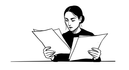 Woman meticulously examining documents at her desk with a focused expression