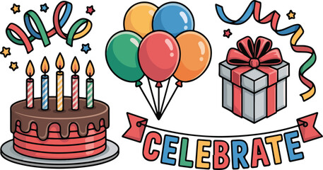 Celebration with cake balloons and gift present box
