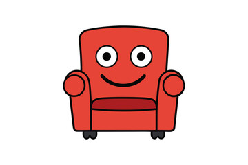 Illustration of a cheerful red armchair with a smiling face, perfect for adding a touch of whimsy to any project, it is a fun and friendly design
