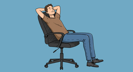 Relaxed man sitting in an office chair with hands behind head
