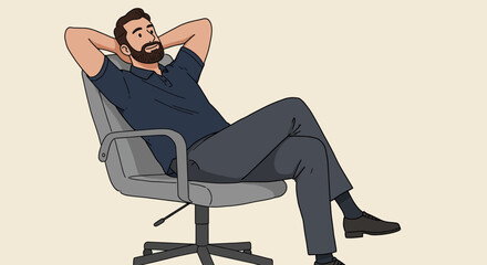 Man relaxing in office chair with hands behind head, resting