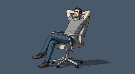 Thoughtful young man in casual clothes relaxing in an office chair, taking a peaceful break