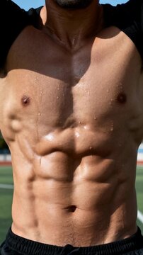 Close-up of a muscular man's sweaty torso with defined six-pack abs, taking off his shirt after a workout, symbolizing fitness, bodybuilding, health and body aesthetics
