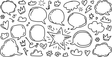 Hand drawn speech bubbles and elements seamless pattern with whimsical shapes clouds hearts and stars