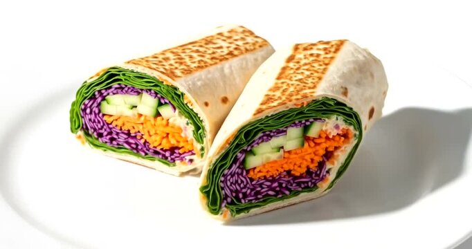 Freshly prepared vegetable wrap with colorful ingredients on a white plate