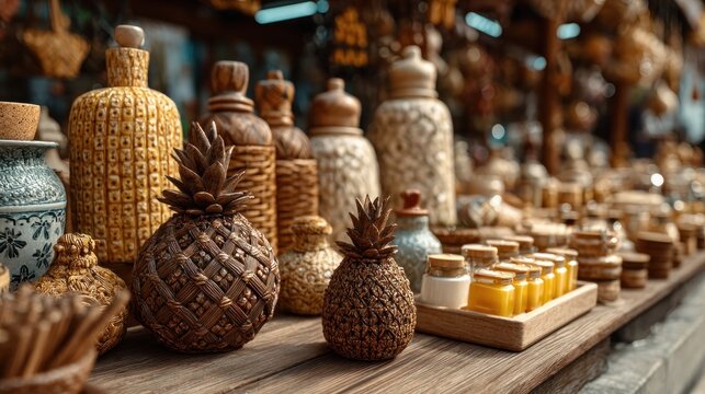 Artisanal collection showcasing crafted pineapple sculptures and decorative items