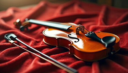 Fototapeta premium Elegant Violin on Red Fabric Background for Music Blogs, Instrumental Education, Classical Music Promotions, and Concert Advertisements