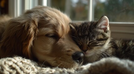 Fototapeta premium Golden retriever puppy and tabby kitten cuddling together in warm sunlight with cozy blanket