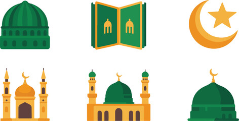 Islamic symbols and architecture on white background