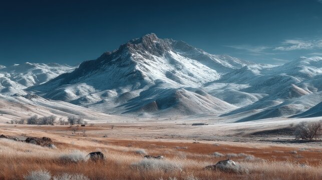 Scenic winter mountain landscape with snow-capped peaks and golden field