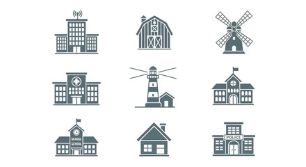 Vector illustration of collection of public buildings icons featuring hospital, lighthouse, police station, school, barn, windmill, and house in vector format