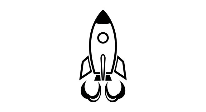 Simple black and white rocket ship launching with smoke isolated on transparent background