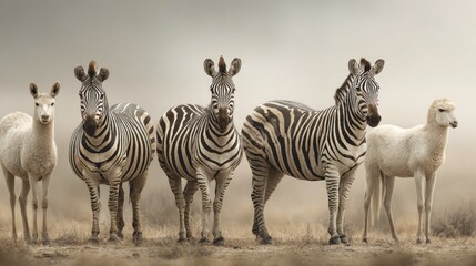 Fototapeta premium Striking African Zebra Group Amidst a Muted Landscape with White Alpaca