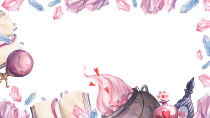 Watercolor frame with a cauldron and magic potions