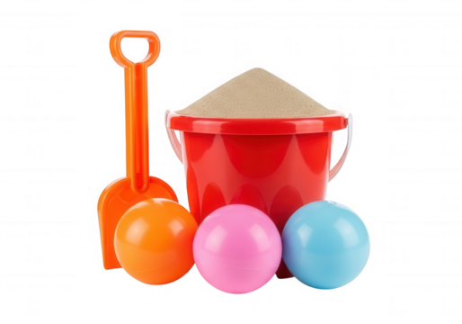 Red bucket orange shovel pink blue balls isolated on a transparent background