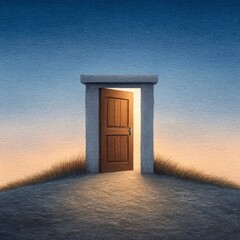 Abstract vision of a solitary door on a beach artistic philosophy in golden sand mindful environment at dusk