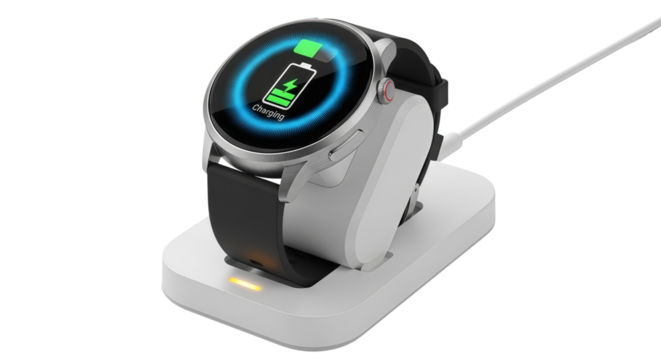 A modern smartwatch with a round digital display on a white wireless charging stand, showing the green battery charging process on screen - Powered by Adobe