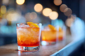 A refreshing cocktail with orange garnish on a bar with blurry background 