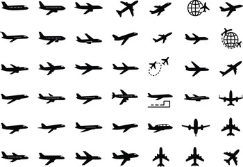 Airplane icon collection, aviation silhouettes, flight symbols, aircraft graphics, travel design elements, jet illustrations, global transport, airport runway visuals