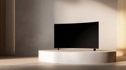 Modern curved television displayed on a minimalist pedestal in a softly lit contemporary room